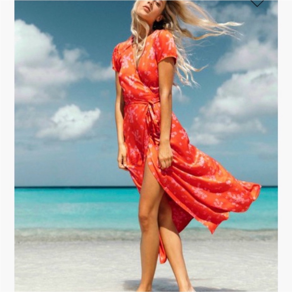 Billabong Floral Midi Wrap Dress Red Size Small